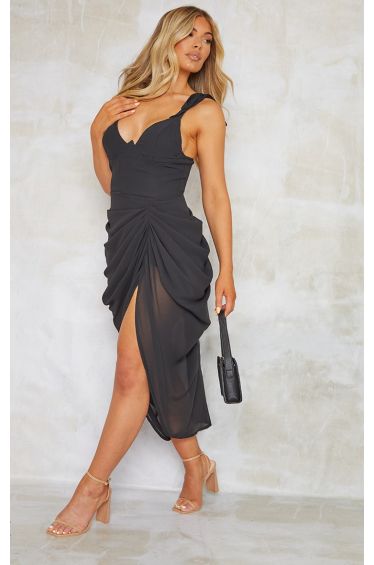 Ezara | Noir Elegance Draped Midi Dress