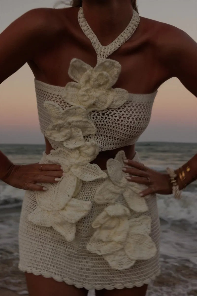 Ezara | Margaret Halter Knit Floral Mini Dress