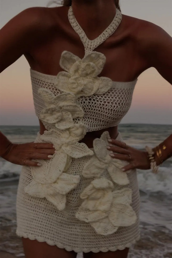 Ezara | Margaret Halter Knit Floral Mini Dress