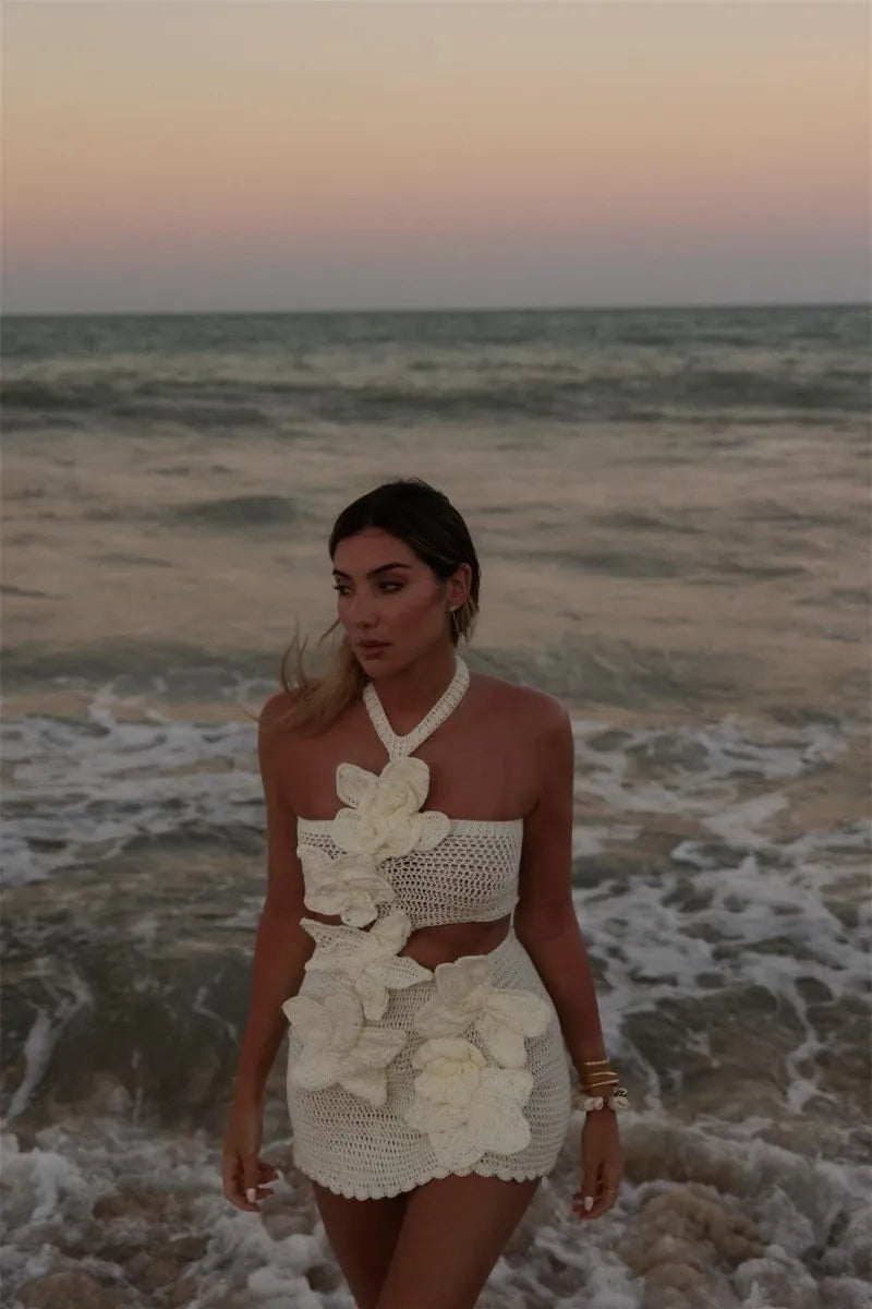 Ezara | Margaret Halter Knit Floral Mini Dress