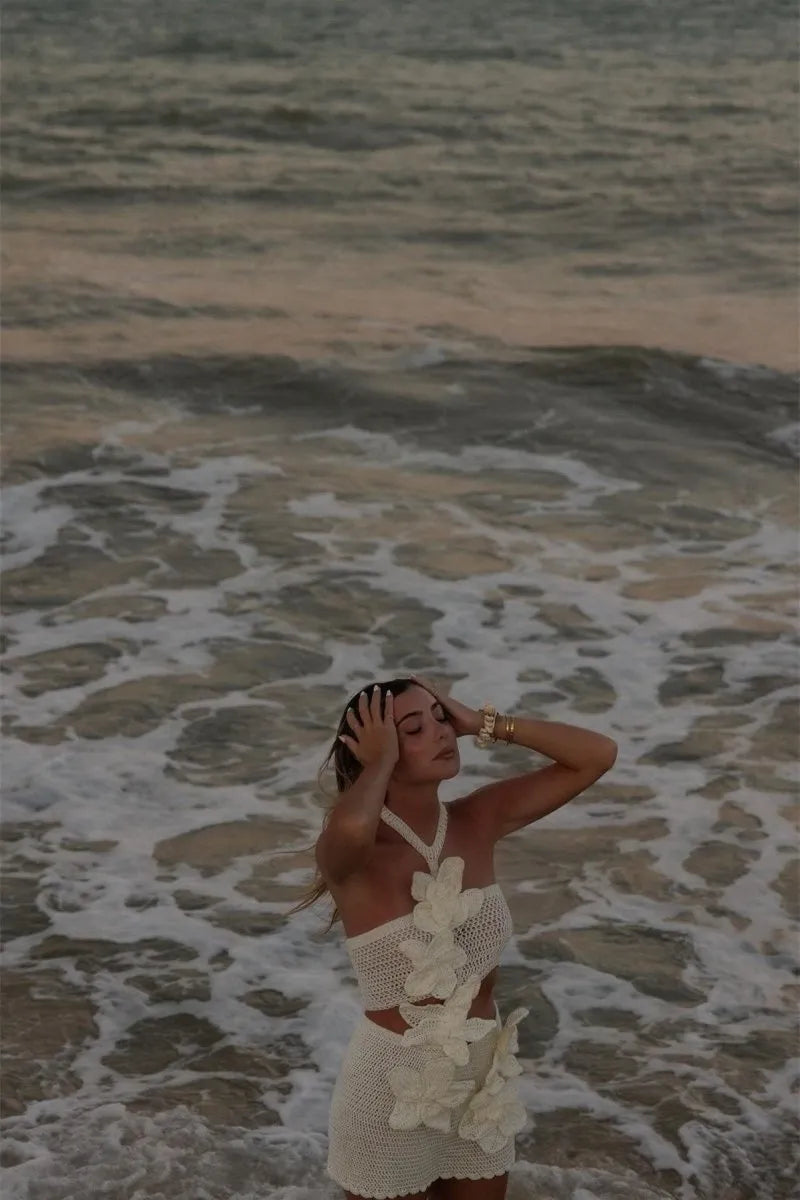 Ezara | Margaret Halter Knit Floral Mini Dress