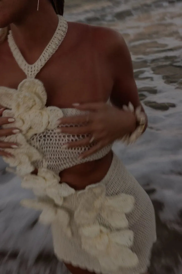 Ezara | Margaret Halter Knit Floral Mini Dress