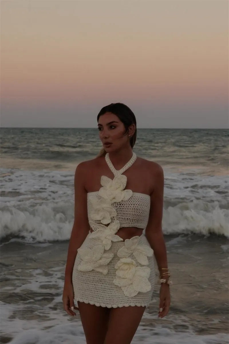 Ezara | Margaret Halter Knit Floral Mini Dress